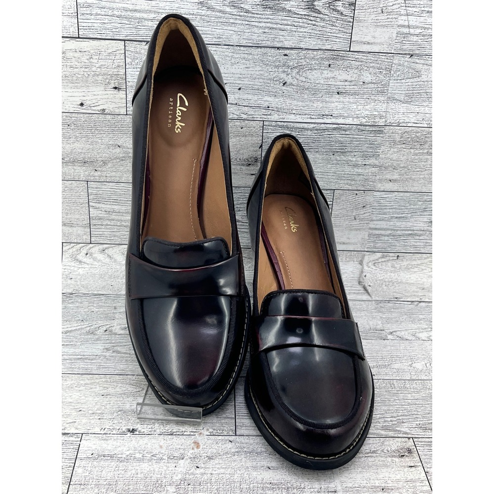 Clarks Artisan Women Burgundy Leather Block Heel‎ Penny Loafers Size 6M
